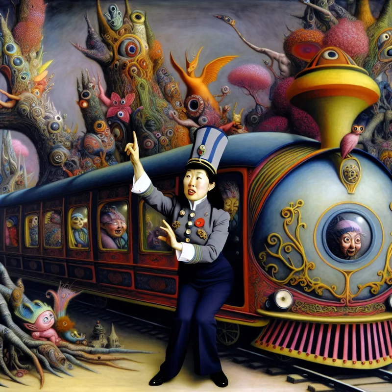 Een conductor in een fantasierijk uniform geeft een handgebaar terwijl een kleurrijke trein met bizarre wezens en vreemde flora in de achtergrond vertrekt.
