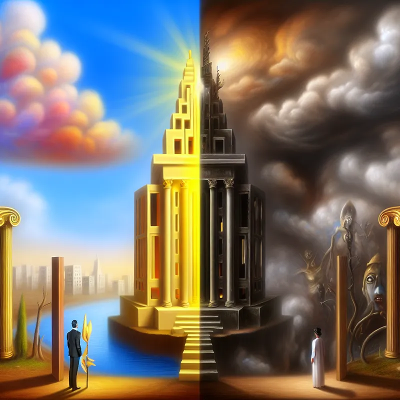 Surrealistisch landschap met twee monumentale gebouwen, één helder verlicht en de andere schaduwrijk en vervallen, symboliserend het winnen en verliezen in een conflict.