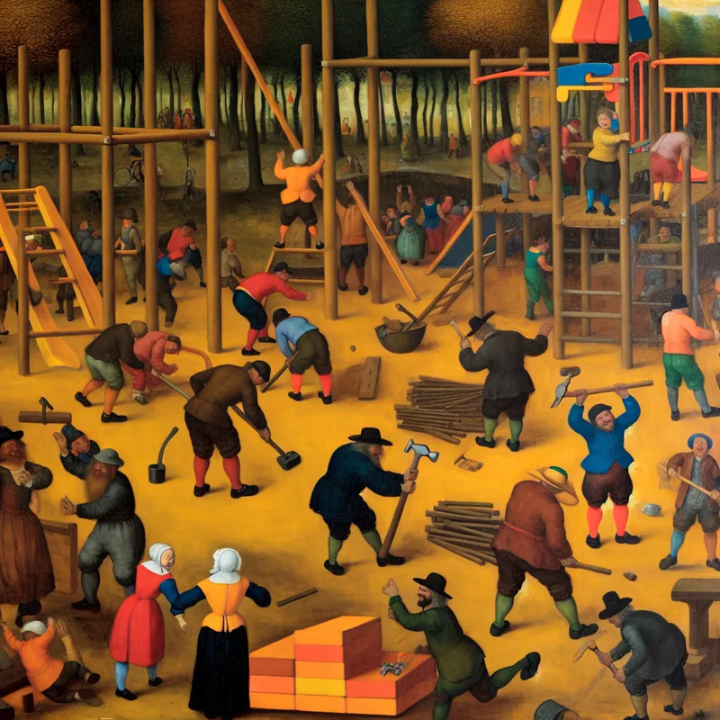 Bouwfase van een nieuwe speeltuin met vrijwilligers van verschillende leeftijden die samen werken aan kleurrijke speeltoestellen.