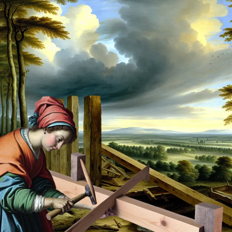 Een ambachtsman gebruikt een rot om een houten structuur te ondersteunen in een majestueus landschap.