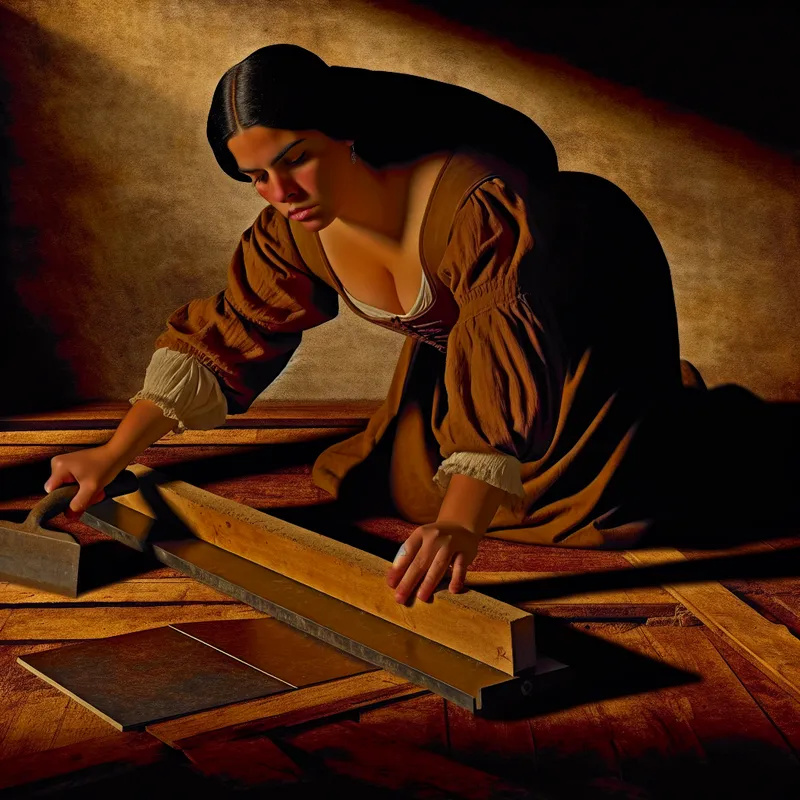 Een constructiewerker die een ruwe houten vloer gladstrijkt met een groot vlak gereedschap, gericht op het egaliseren van het oppervlak.