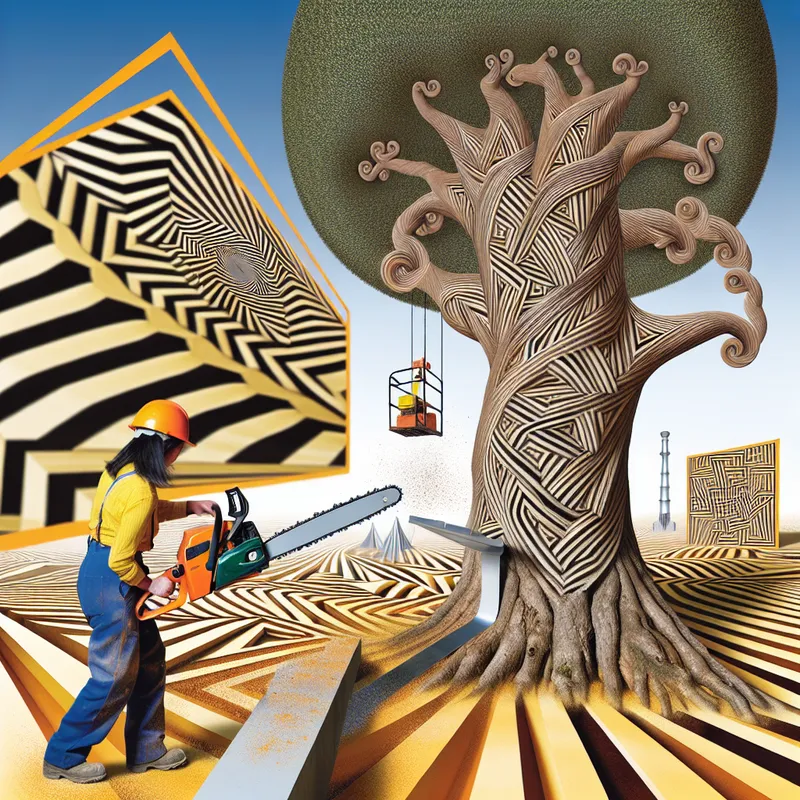 Surrealistische afbeelding van een constructiewerker die een ingewikkeld gevormde boom met een chainsaw omhakt in een geometrisch landschap.