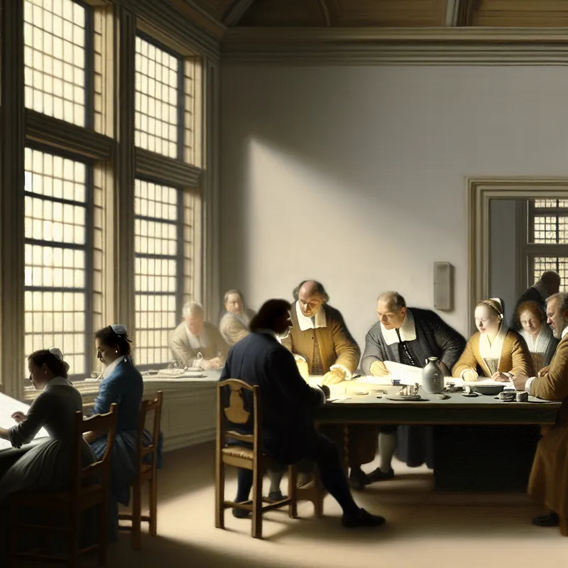 Een consultant in een serene kantooromgeving, betrokken bij een teamoverleg aan een grote tafel, omringd door diverse collega's die intensief op documenten focussen.