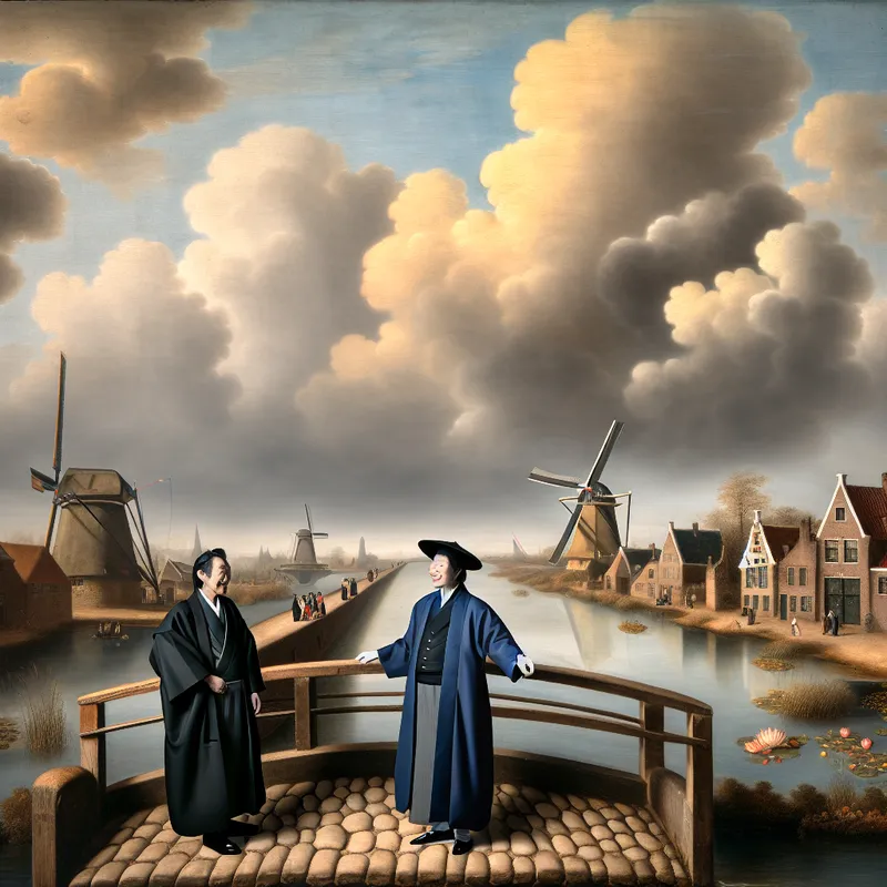 Twee heren in 17e-eeuwse kleding voeren een geanimeerd gesprek op een stenen brug in een schilderachtig Nederlands landschap met windmolen en kerk