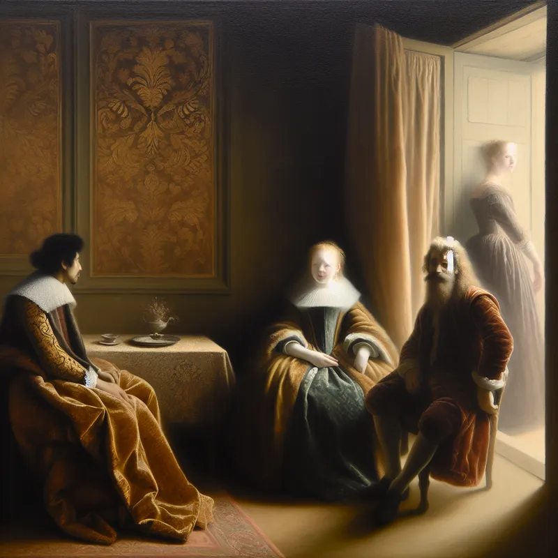 Schilderij in de stijl van Gerard ter Borch met twee personen in gesprek en een derde die wegloopt, symboliserend het verliezen van contact