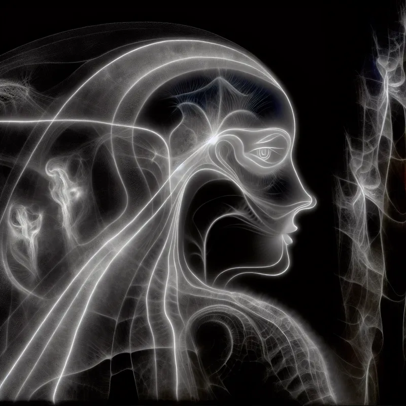 Surrealistisch portret van een vrouw met gloeiende contouren in de stijl van Jheronimus Bosch, benadrukt de elegante vorm en omtrek van gezicht en jurk