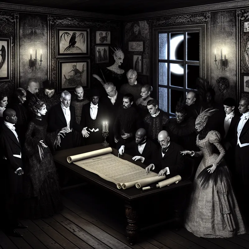 Een groep mensen in formele 19e-eeuwse kleding verzameld rond een grote tafel in een ouderwetse kantoorruimte, verdiept in een contract met gothic ontwerpen.