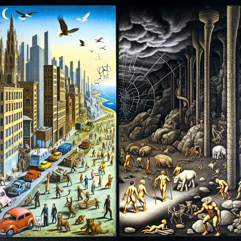 Symbolische illustratie van twee werelden van de levenden: een drukke moderne stad en een primitief prehistorisch landschap, geïnspireerd op Félicien Rops