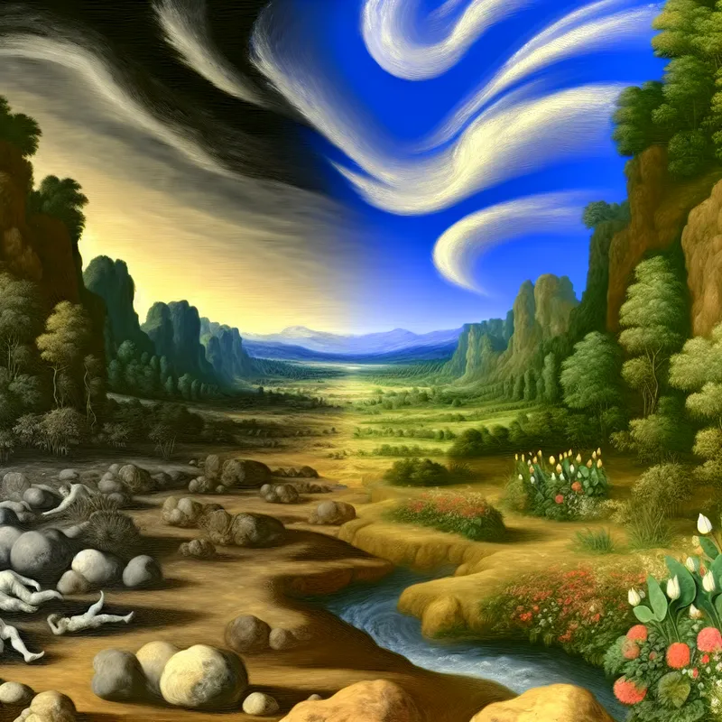 Een schilderachtig landschap met twee valleien, de voorgrond toont een kale vallei met stenen, de achtergrond een groene vallei met bloemen en een rivier, onder een dramatische lucht.