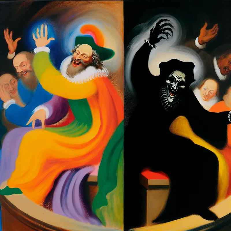 Twee contrasterende personages in een levendige discussie, één in heldere kleuren en de ander in donkere, met een debat op de achtergrond.