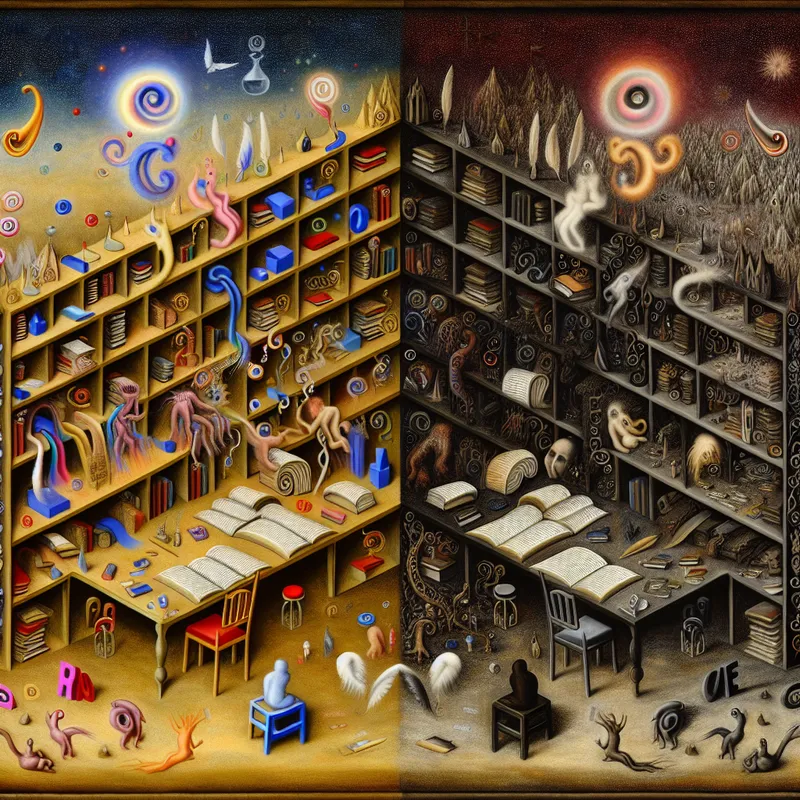 Surrealistisch tafereel van twee schrijfbureaus die contrasterende schrijfstijlen symboliseren: luchtig en informeel versus diepzinnig en serieus, in de stijl van Hieronymus Bosch