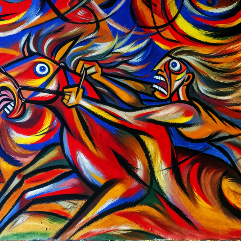 Abstracte voorstelling van een persoon die een wild paard controleert, symbolisch voor het bedwingen van een situatie of persoon in de expressieve stijl van Karel Appel