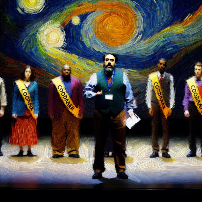 Toneelspeler met coördinator-functie op podium in Van Gogh-stijl, omringd door acteurs en met projectplan in handen