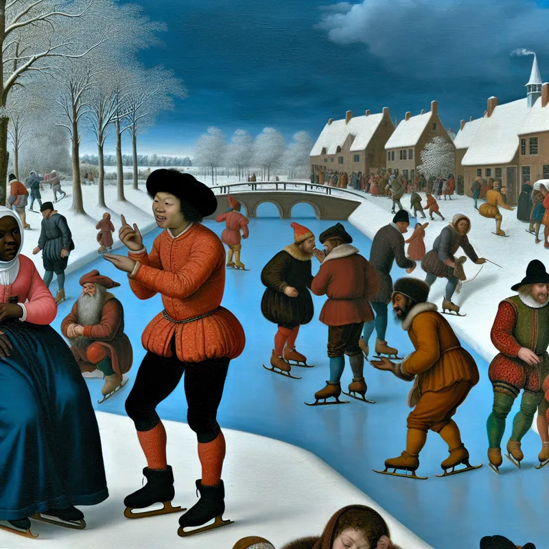 Twee mensen op schaatsen in gesprek op een bevroren kanaal, waarbij de ene persoon een correctie of verduidelijking aangeeft met een handgebaar