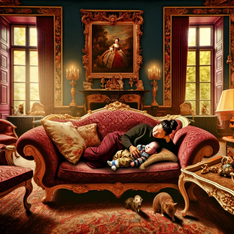 Een schattige baby, ook wel 'muppie' genoemd, die vredig slaapt op een weelderige Barokke bank in een kleurrijke woonkamer.