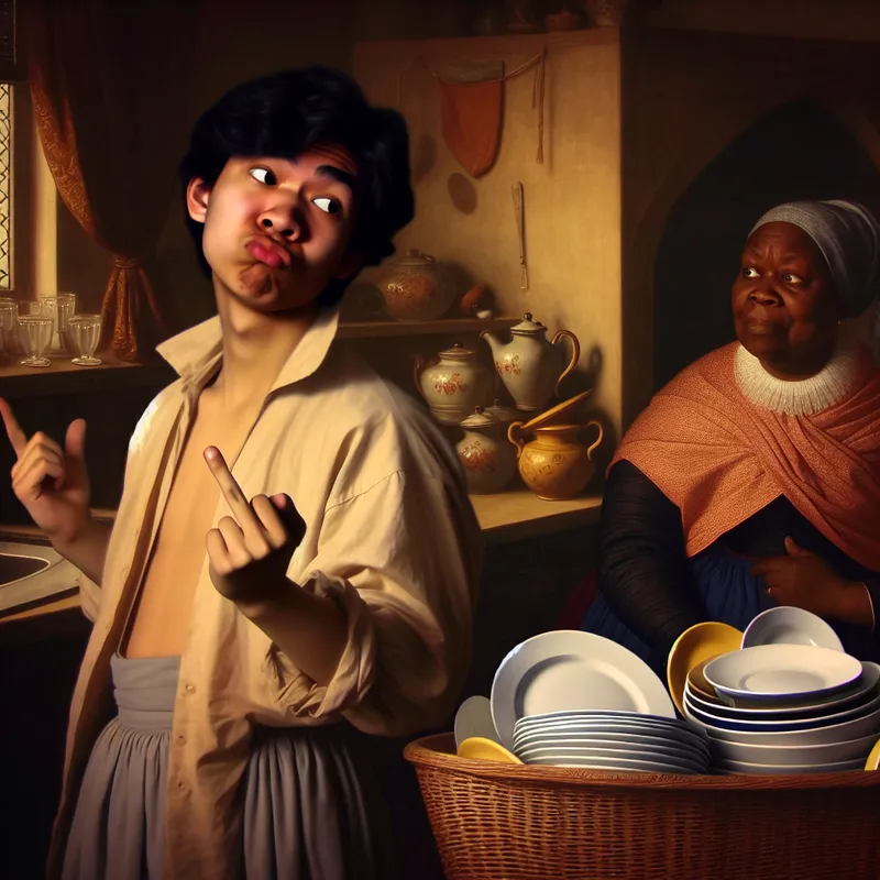 Jonge man maakt een dramatische gebaar met een pruillip terwijl hij bij een stapel vuile borden staat in een gezellige keuken, terwijl een oudere vrouw met opgetrokken wenkbrauwen toekijkt.