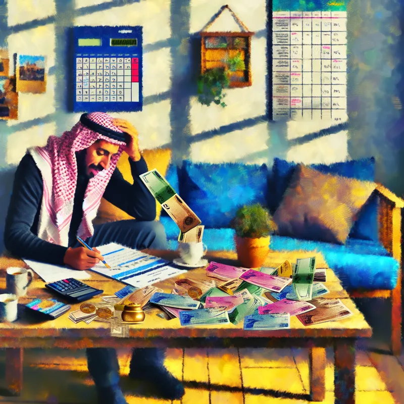 Een sfeervol woonkamer met een persoon die een budgetplan maakt aan een rustieke houten tafel, omringd door kleurrijke rekeningen en een rekenmachine