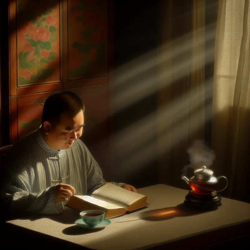 Een persoon die nadenkend naar een boek kijkt, omringd door een gezellige en warme sfeer, met een kopje thee op tafel en zacht licht dat door het raam valt.