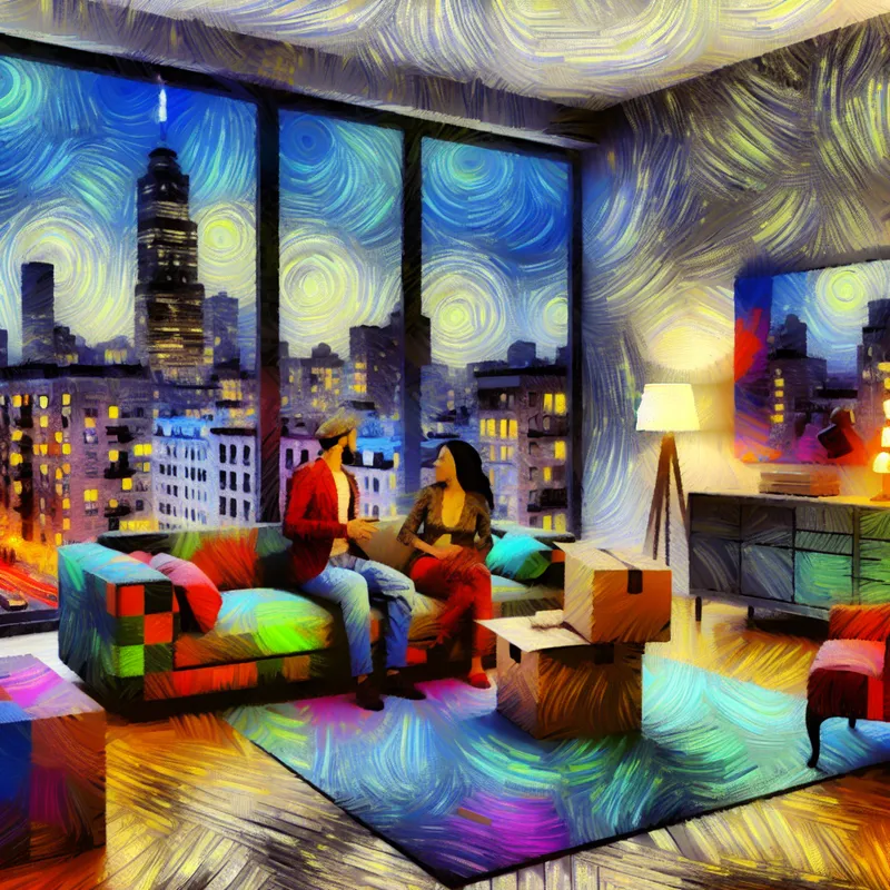 Een paar zit op een kleurrijke bank in hun nieuwe appartement, omringd door dozen, met uitzicht op de levendige stad.