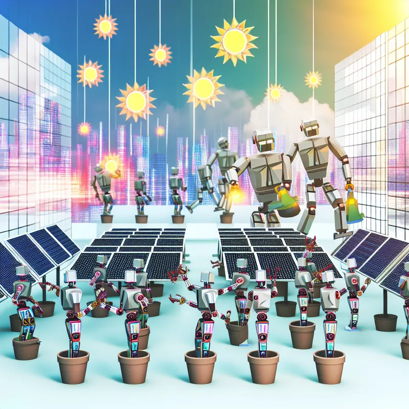 Illustratie van moderne robots die creativiteit en technologie combineren in een futuristische omgeving