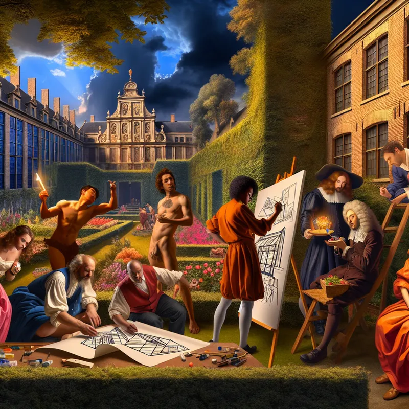 Groep diverse mensen werkt samen aan innovatieve projecten in een weelderige tuin, met tekeningen en een zonnepaneel prototype.