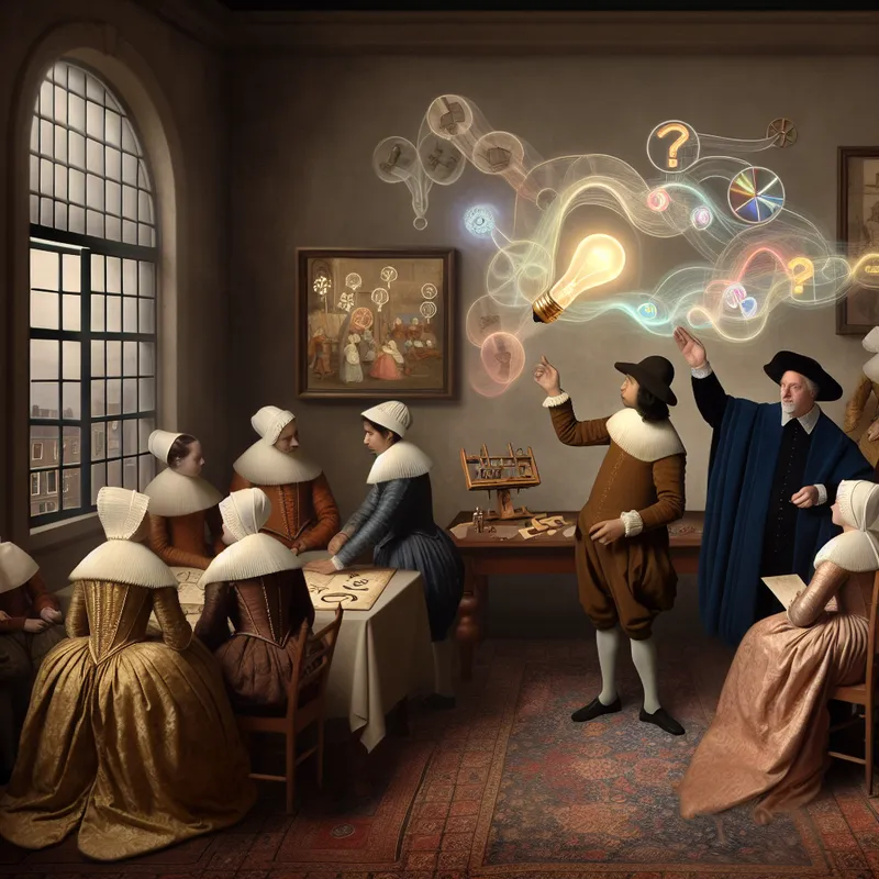 17e-eeuwse Nederlandse klaslokaal met studenten en leraar die creatief probleemoplossend denken oefenen, met symbolen van innovatie en samenwerking