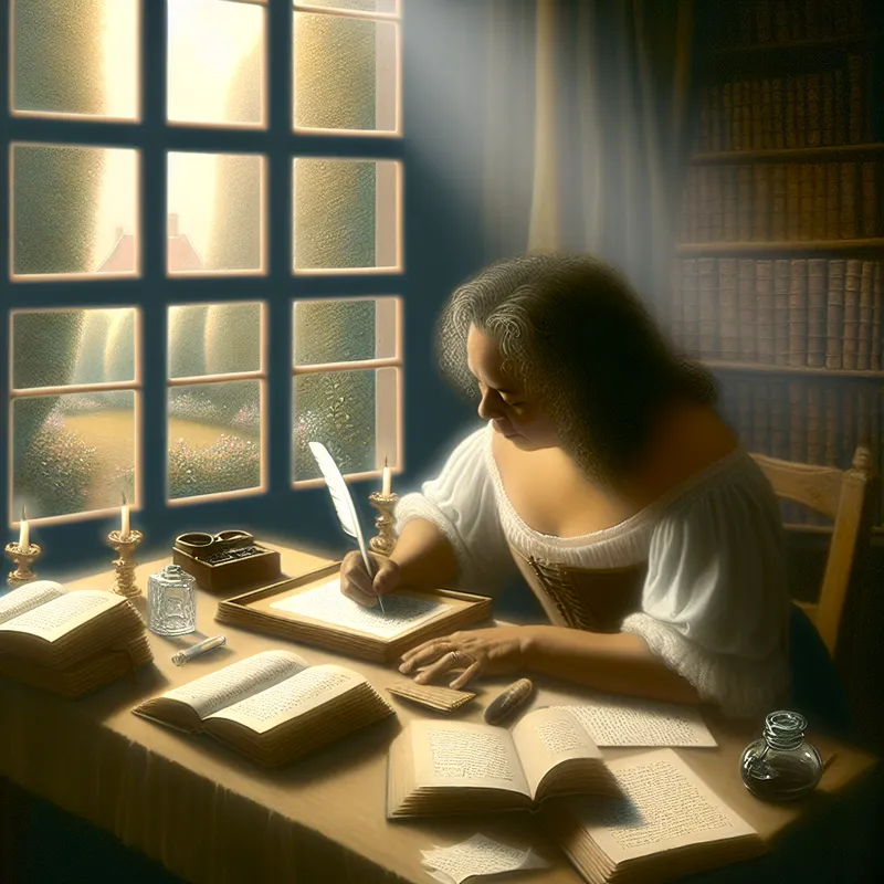 Een schrijver in een rustig verlichte kamer aan een houten bureau, diep geconcentreerd op het schrijven van zinnen, omringd door boeken en papieren.