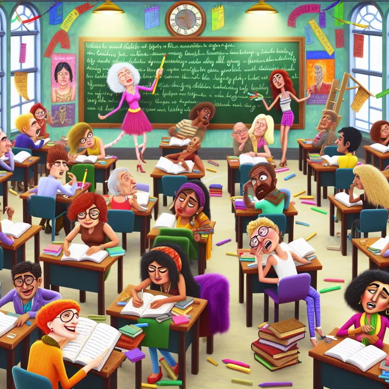 Een levendige scène in een universiteitsklas waarin diverse personages enthousiast aan het schrijven zijn, met boeken, notities en een zwart bord.