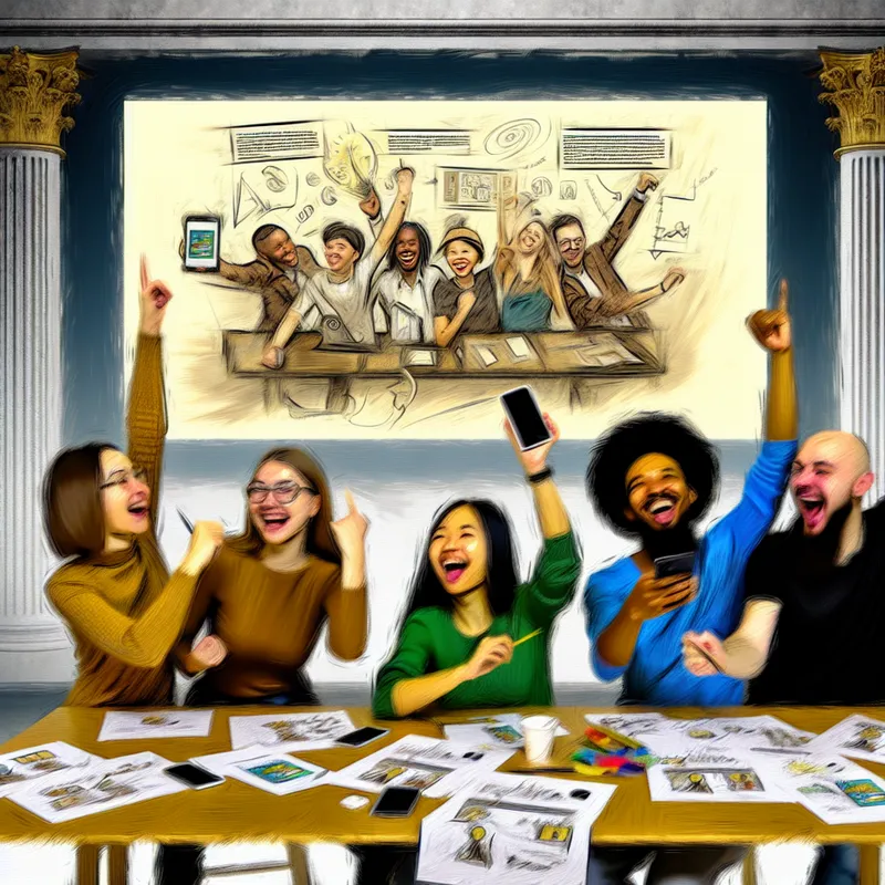 Creatief team viert hun innovatieve app-ontwerp rond een tafel vol schetsen en digitale apparaten, met blije gezichten en een grote schermopstelling op de achtergrond.