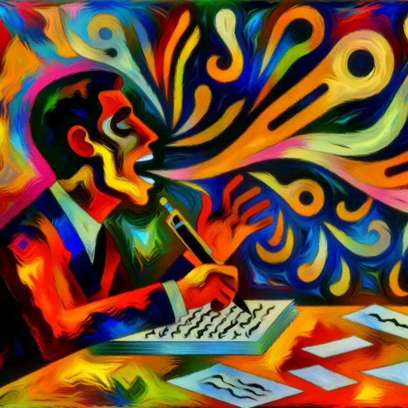 Een abstracte en kleurrijke afbeelding van een persoon die gepassioneerd notities maakt tijdens een vergadering.