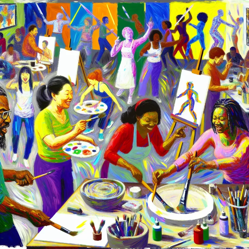 Drukke kunst- en cultuurcentrum met diverse deelnemers die creatieve workshops volgen zoals schilderen en dansen.