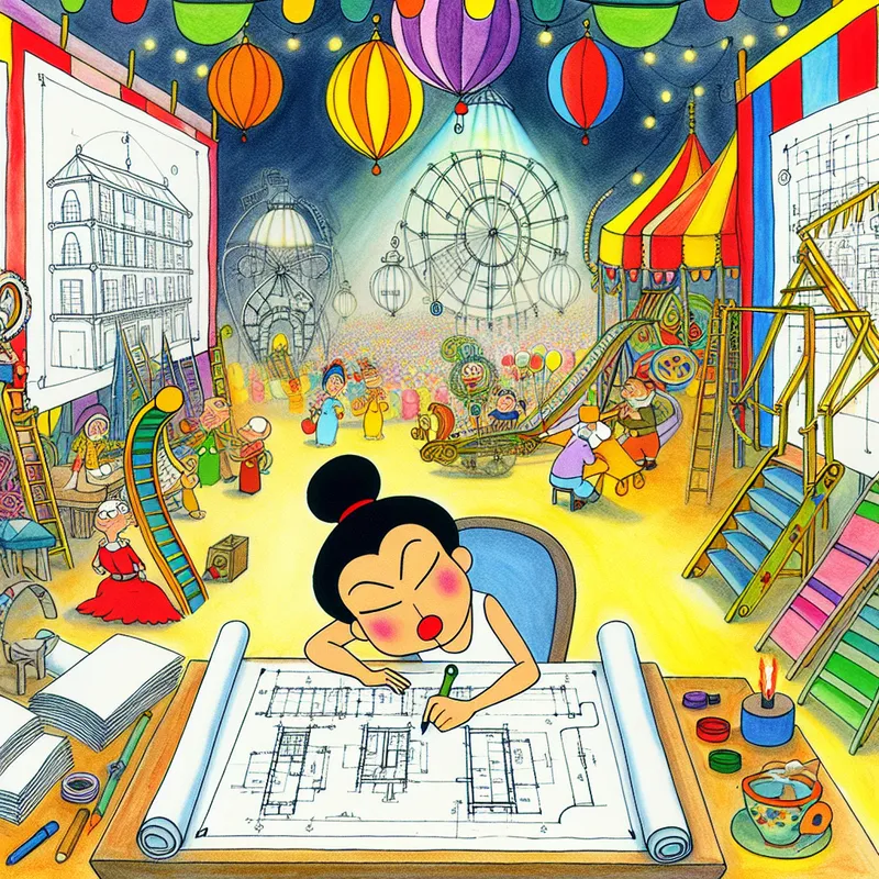 Een cartoonachtige architect werkt aan een ontwerp voor een festivalgebouw met kleurrijke blauwdrukken en modellen.