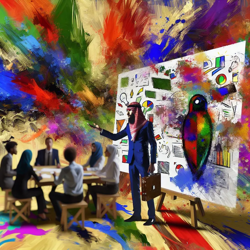 Abstracte uitdrukking van een creatieve brainstormsessie met mensen die ideeën voorstellen op een gloeiend wit bord.