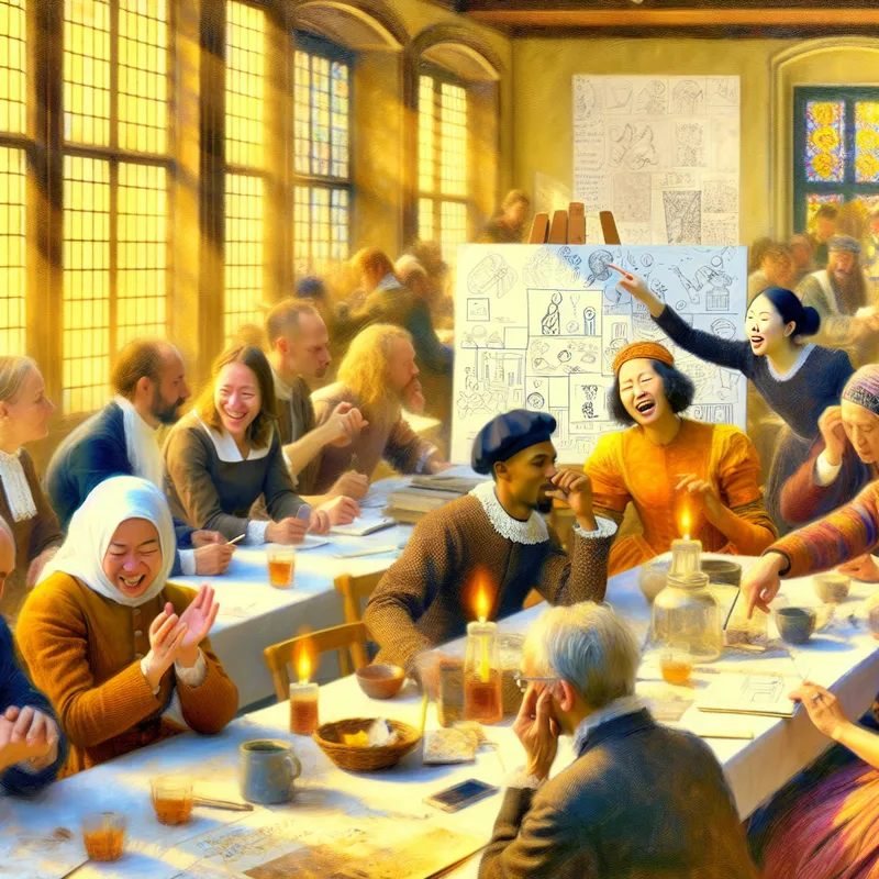 Groep creatieve individuen brainstormend in een zonnige kamer