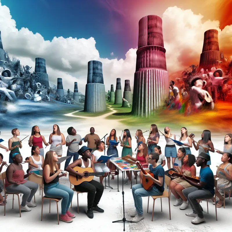 Een groep mensen in een artistiek workshop buiten, met activiteiten zoals zingen, spelen van instrumenten en schilderen tegen een surrealistisch landschap.