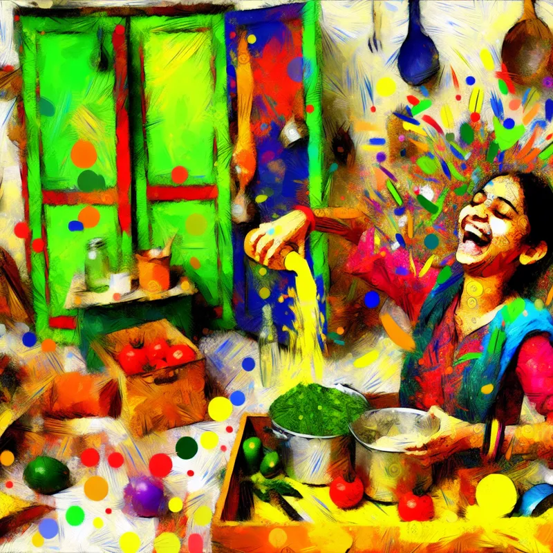 Jonge vrouw in een chaotische keuken die vrolijk kleurrijke ingrediënten mengt en een gevoel van creativiteit en disorder uitstraalt.