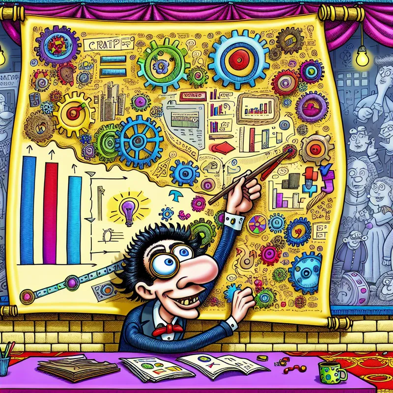 Een cartoonachtige afbeelding van een directeur die een kleurrijke wandtapijt weeft dat een strategisch plan voor een bedrijf illustreert.