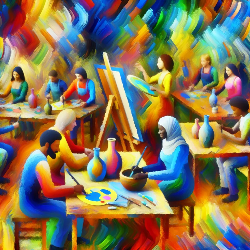 Diverse studenten aan een levendige ambachtschool, betrokken bij creatief werk zoals schilderen, sculpturen en meubelassembling.