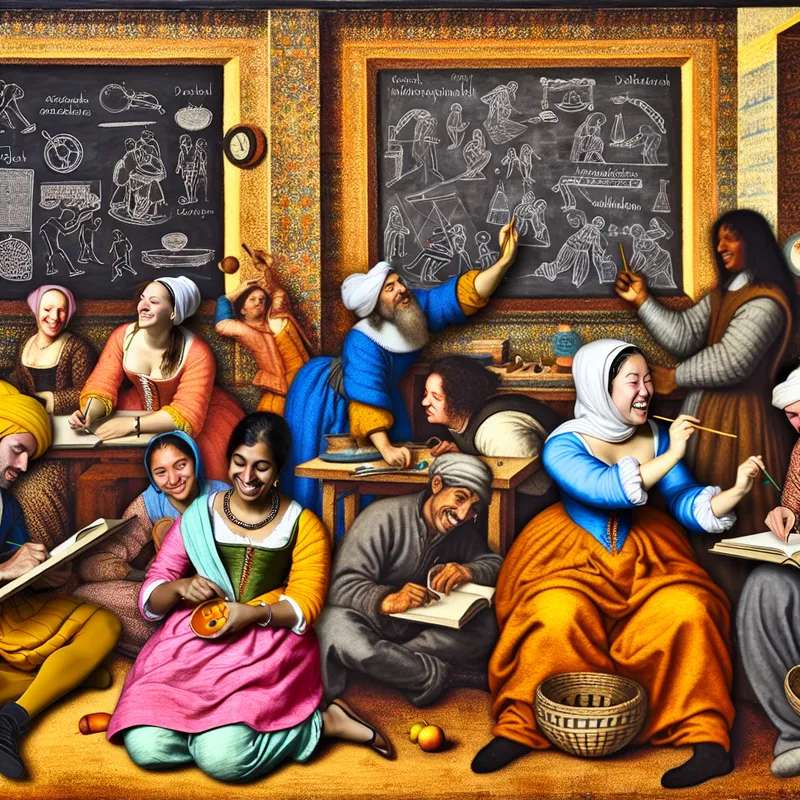 Een levendige workshop met diverse deelnemers die creatief samenwerken, elk met een unieke benadering.