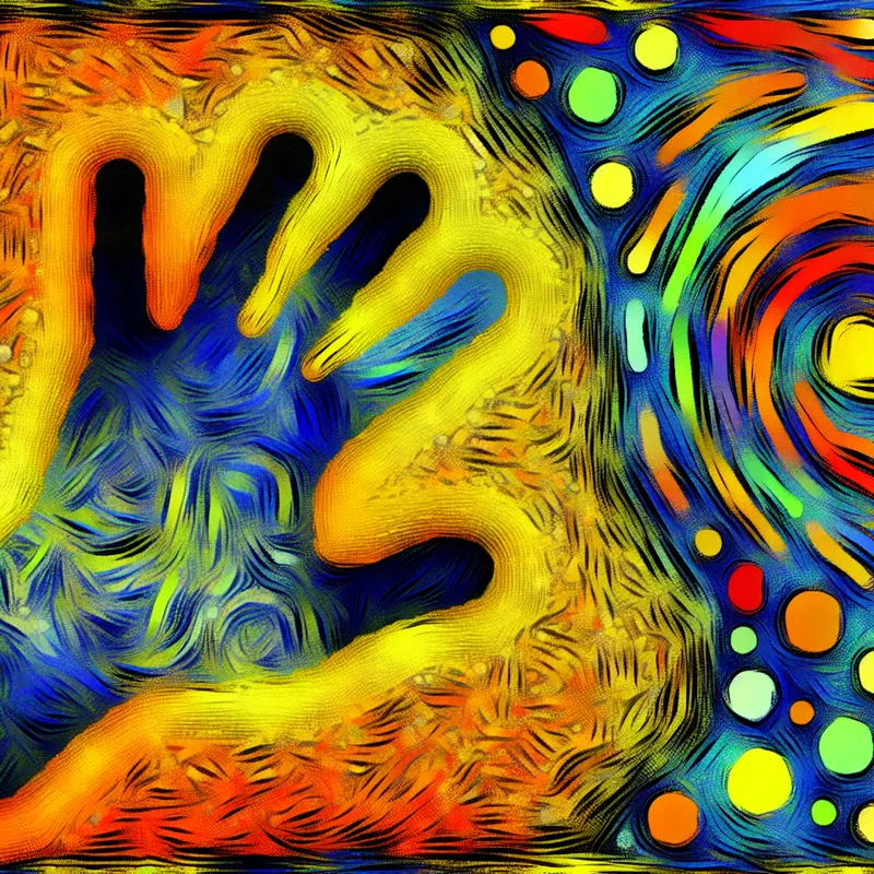 Abstracte afbeelding van een hand die in een zanderige ondergrond drukt, met kleurrijke patronen en een uitgesproken silhouet.