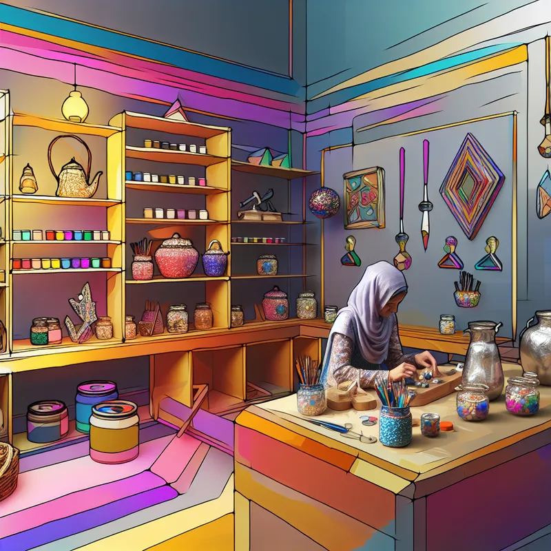 Een persoon examineert een klein houten stukje in een kleurrijke handwerkruimte vol materialen.