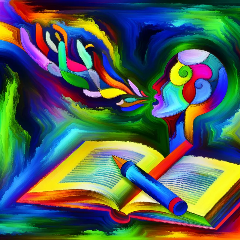 Een abstracte compositie met een groot open boek, levendige kleuren en een hand die een pen vasthoudt