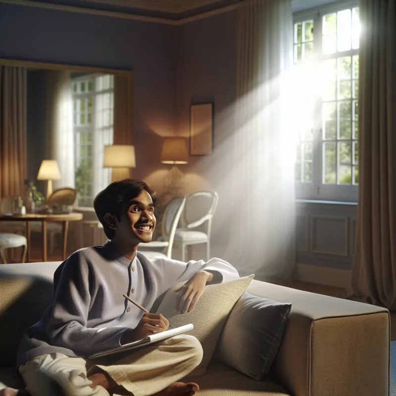 Een jonge persoon zit op een comfortabele bank en schetst aandachtig een idee in een notitieblok in een sfeervol verlichte woonkamer.