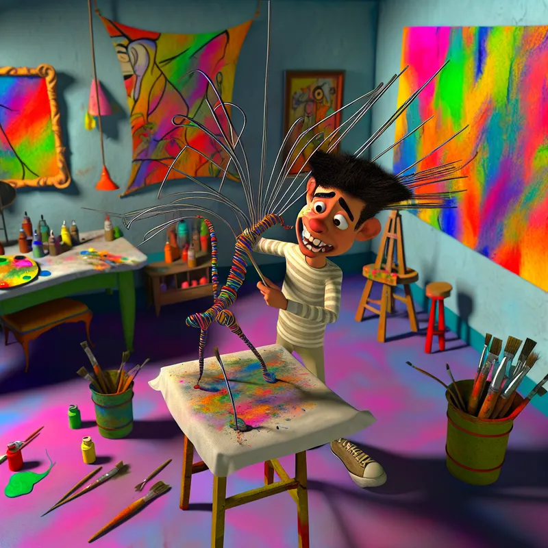 Een jonge artieste aan het werk in een levendige studio met dunne draad sprieten, omringd door kunstbenodigdheden en kleurrijke decoraties.