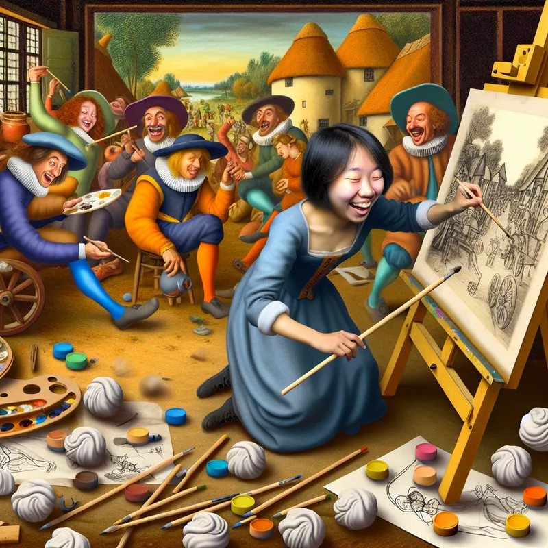 Een jonge kunstenaar die intensief een landschap schetst in een artistieke studio vol met kunstbenodigdheden en vrolijke vrienden.