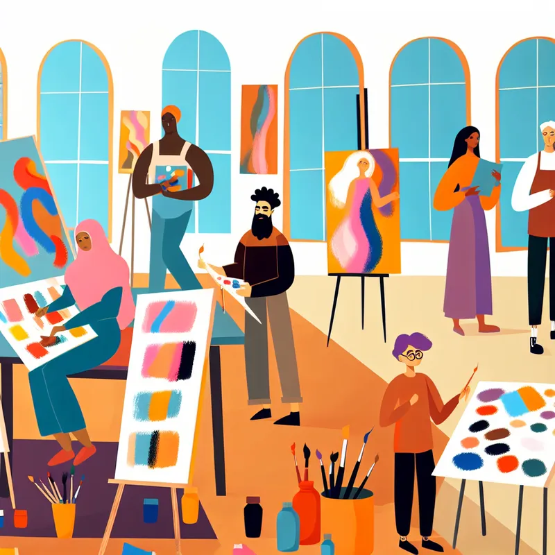 Een diverse groep kunstenaars van verschillende leeftijden werkt aan unieke kunstwerken in een kunststudio.