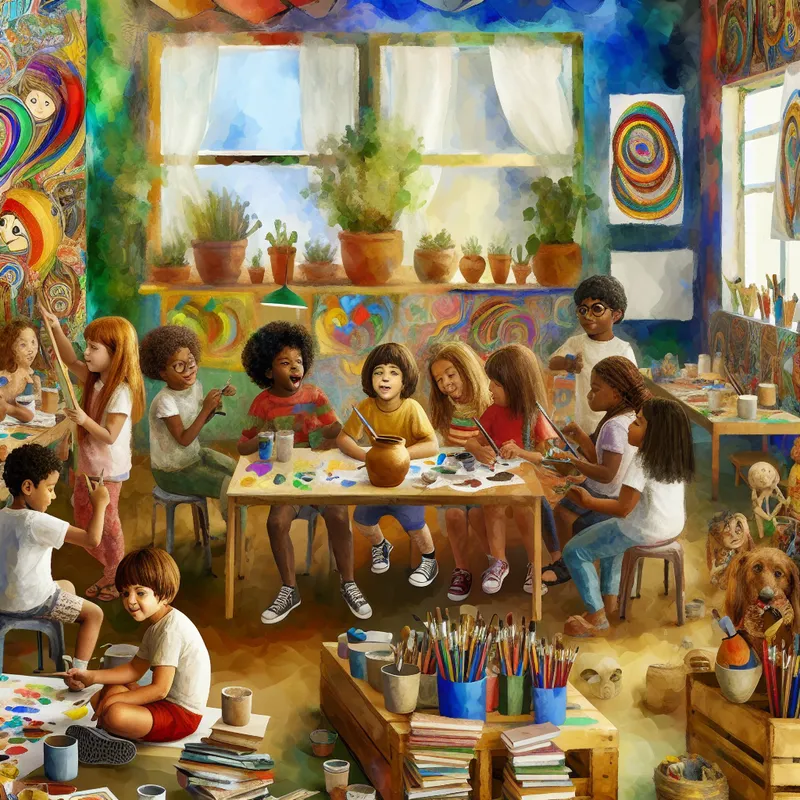 Een levendige scène waarin kinderen samen leren en spelen met kleurige kunstmaterialen en boeken.