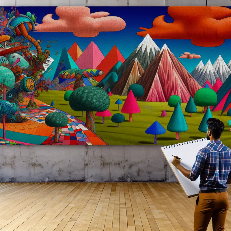 Een grote, kleurrijke mu mural met een fantasierijk landschap en een persoon die enthousiast aan het schetsen is.