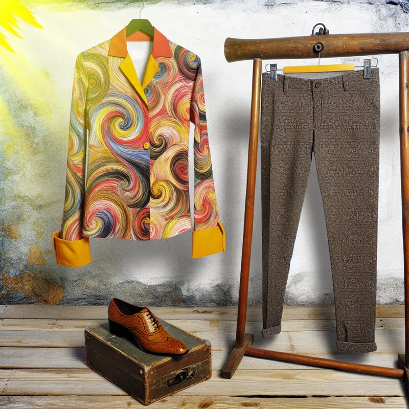 Een kleurrijke blouse op een vintage houten hanger met bijpassende broeken en schoenen, tegen een gestructureerde muur. De outfit straalt creativiteit uit.