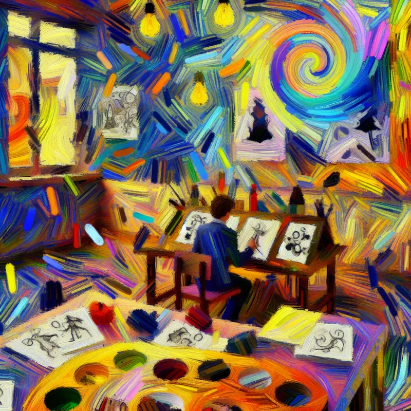 Kleurvolle abstracte scène van een creatieve persoon in een klaslokaal die een innovatief spel ontwerpt